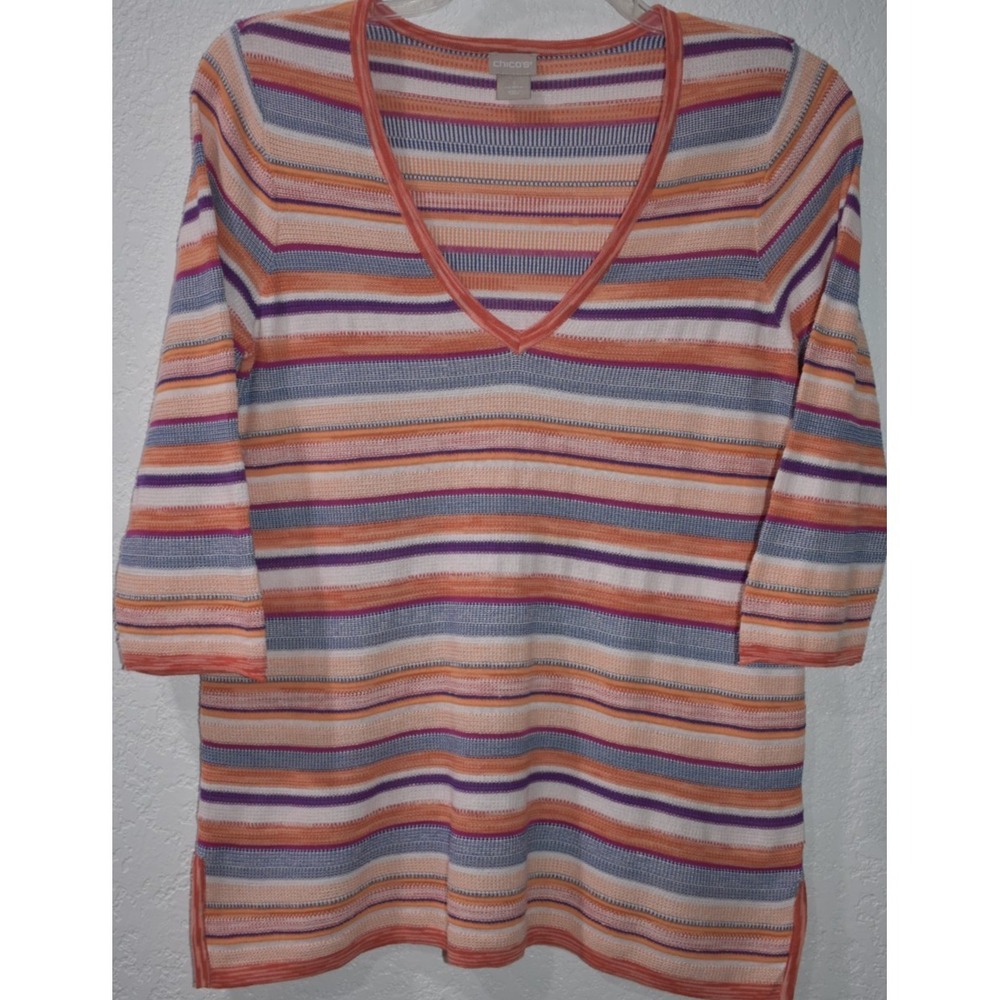 Chicos Linen Blend Top 1/Medium Colorful Stripes V-Neck 3/4 Sleeves Lightweight - Picture 2 of 16